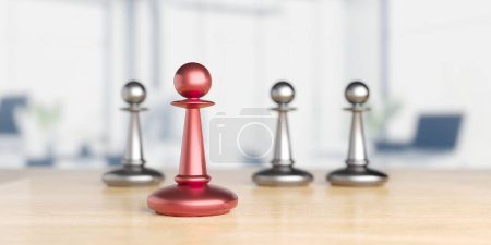 Téléchargez les photos : Pièce d'échecs pion rouge se détachant du groupe. Concept de leadership, d'affaires, d'équipe et de travail d'équipe. Rendu 3d - en image libre de droit