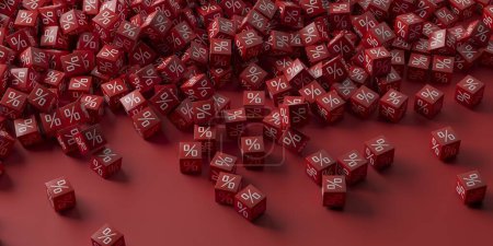 Foto de Venta concepto de descuento. Manojo de cubos de porcentaje rojo. Renderizado 3d - Imagen libre de derechos