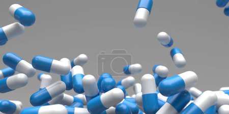 Foto de Un montón de pastillas médicas. Pastillas de cápsulas. Antecedentes del concepto farmacéutico. renderizado 3d - Imagen libre de derechos