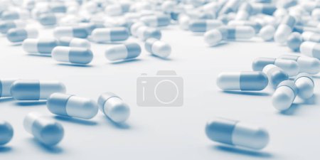 Téléchargez les photos : Les pilules bleues blanches se rapprochent. Médecine du développement et pharmacologie. Traitement médical, concept des médicaments à presciption. Rendu 3d - en image libre de droit