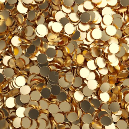 Foto de Monedas metálicas de oro en abundancia. Ganar concepto de beneficio. renderizado 3d - Imagen libre de derechos