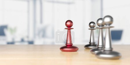 Foto de Pieza de ajedrez de peón rojo de pie fuera del grupo. Liderazgo, negocio, equipo y concepto de trabajo en equipo. renderizado 3d - Imagen libre de derechos