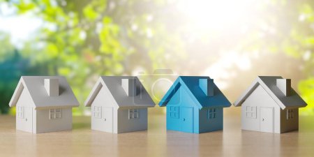 Photo for Real estate property industry concept with small cottage house on green nature background. 3d rendering - Royalty Free Image