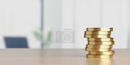 Photo for Golden coins on blured office background. Money saving concept. 3d rendering - Royalty Free Image