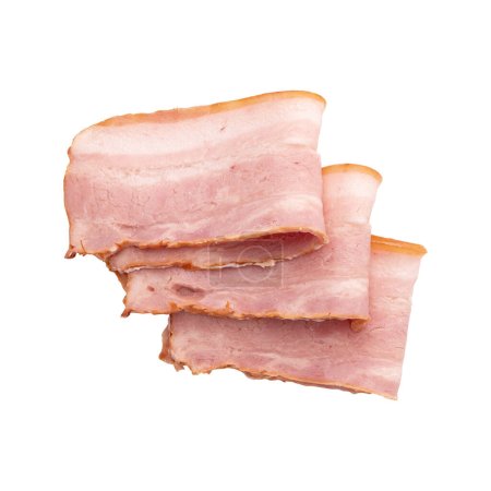 three raw smoked bacon isolated, streaky brisket slices, fresh thin sliced bacon on white background