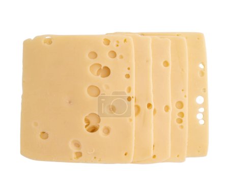 dünne Scheiben Schweizer oder Maasdam-Käse isoliert auf weißem Hintergrund mit Clipping-Pfad