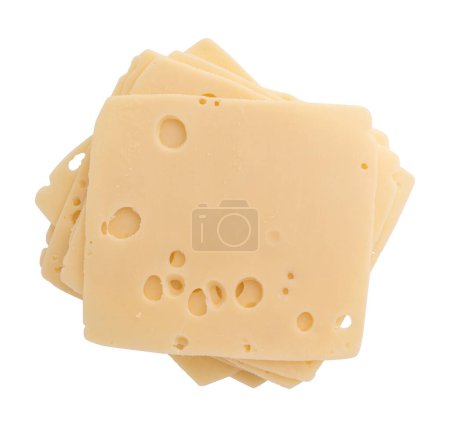 thin slices of swiss or maasdam cheese isolated on white background with clipping path