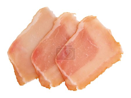 sliced meat pieces, bacon, cold boiled pork, balyk isolated on white background with clipping path, snack, meat dish close-up