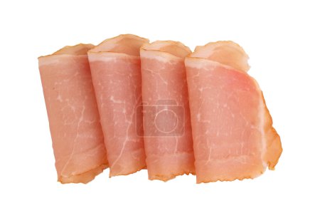 sliced meat pieces, bacon, cold boiled pork, balyk isolated on white background with clipping path, folded snack meat laid out to create layout