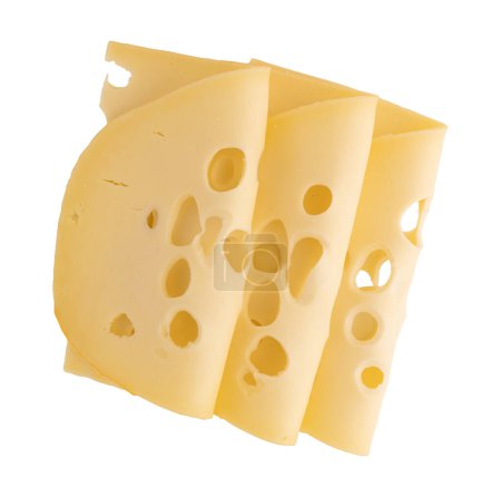 folded slices of cheese isolated on white background with clipping path, pieces of sliced maasdam cheese laid out to create layout