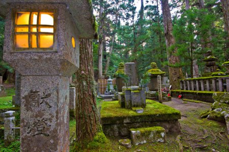Foto de Antiguo cementerio de okunoin japonés con árboles durante el festival obon - Imagen libre de derechos