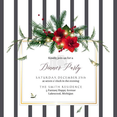 Illustration for Emerald christmas greenery, red poinsettia, amaryllis, spruce, fir, cedar, winter berry vector design frame. Wedding or new year party invitation border. Striped black and white. Isolated and editable - Royalty Free Image
