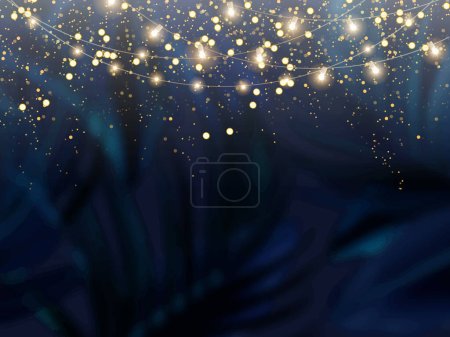 Navy blue tropical forest foliage vector background. Dark palm leaves wedding invitation. Exotic tree card texture. Bokeh lights art. Rustic style save the date. Elegant outdoor party template garland
