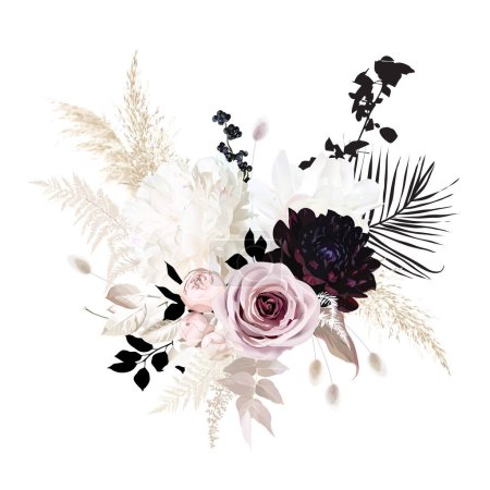Boho beige and black trendy vector design bouquet. Pastel pampas grass, ivory peony, dark dahlia, dusty pink rose, lagurus, dried leaves. Modern wedding blush floral.Elements are isolated and editable