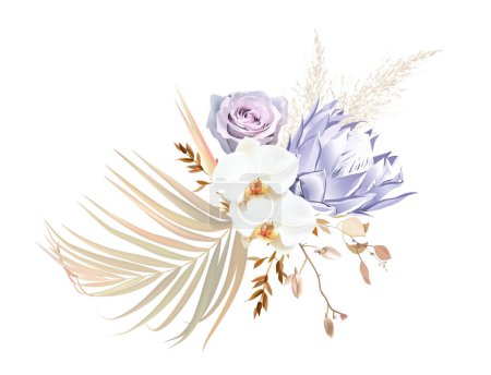 Illustration for Trendy dried palm leaves, purple mauve pale protea, white orchid, violet rose, pampas grass vector design wedding bouquet. Trendy flowers. Beige, gold, brown, taupe. Elements are isolated and editable - Royalty Free Image