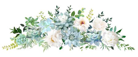 Illustration for Classic white peony, ivory rose, blue echeveria succulents, eucalyptus, fern, herbs, greenery vector design wedding spring bouquet. Floral summer watercolor garland. Elements are isolated and editable - Royalty Free Image