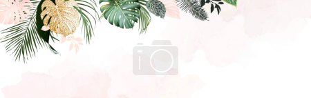 Illustration for Tropical elegant banner arranged from exotic leaves. Design vector. Paradise plants, gold glitter, greenery chic card. Stylish fashion banner. Wedding template. Watercolor style. Isolated and editable - Royalty Free Image