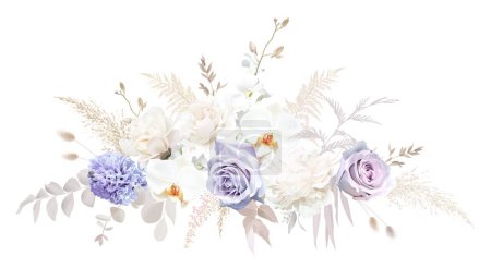 Illustration for Trendy dried leaves, purple mauve pale rose, white orchid, violet rose, hyacinth, pampas grass vector design wedding bouquet. Trendy watercolor style flowers. Elements are isolated and editable - Royalty Free Image