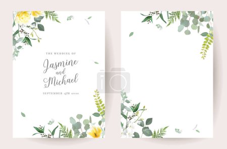 Téléchargez les illustrations : Floral eucalyptus selection vector frames. Hand painted branch, yellow rose flowers, leaves on white background. Greenery wedding invitations. Watercolor style cards.Elements are isolated and editable - en licence libre de droit