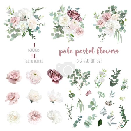 Silver sage green and blush pink flowers vector design big set. Dusty rose, white carnation, mauve rose, ranunculus, eucalyptus, greenery. Wedding floral garland. Watercolor. Isolated and editable