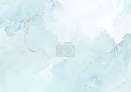 Hellblaue Aquarell-Fluid-Malerei Vektor-Design-Karte. Staubblauer und goldener Geodenrahmen. Winterhochzeitseinladung. Schnee, Eis oder Schleier. Farbstoffspritzer-Stil. Alkoholfarbe. Isoliert und editierbar