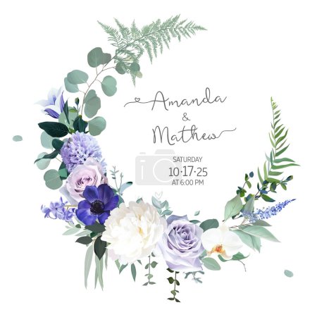 Illustration for Pale purple rose, dusty mauve and lilac hyacinth, violet anemone, lavender, white peony, orchid, eucalyptus vector design frame. Stylish wedding flower round card. Elements are isolated and editable - Royalty Free Image