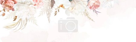 Téléchargez les illustrations : Luxurious beige and orange trendy vector design banner frame. Pastel pampas grass, fern, pink rose, peony, flowers. Watercolor brush texture. Wedding card decoration.Elements are isolated and editable - en licence libre de droit