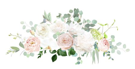 Illustration for Pale pink and dusty rose, white orchid, magnolia, nude pink ranunculus, peony, eucalyptus vector design bouquet. Classic wedding sage, blush and white flowers. All elements are isolated and editable - Royalty Free Image