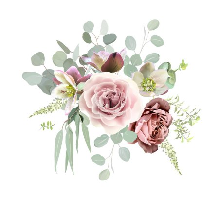 Rosa púrpura malva, lisianthus rosa polvoriento, serruria, hellebores marrones y verdes, hortensias, eucalipto de menta, ramo de diseño de vectores verdes. Guirnalda floral de boda. Acuarela. Aislado y editable