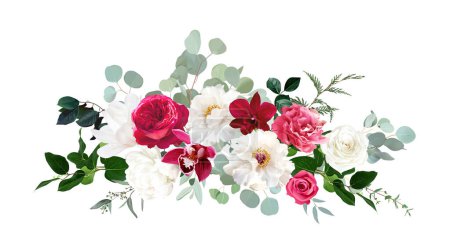 Trendy magenta Blumen Vektor Design Bouquet. Heiße rosa Rosen, Barbie rosa Hahnenfuß, weiße Pfingstrose, dunkle Orchidee, Elfenbeinmagnolie, Nelkenhochzeitsblume. Alle Elemente sind isoliert und bearbeitbar auf weiß