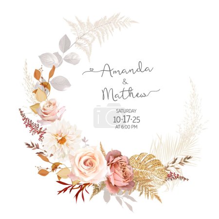 Illustration for Rust orange and blush pink antique rose, beige and pale flowers, creamy dahlia, pampas grass, glitter monstera fall leaves wedding vector frame. Floral watercolor arrangement.Isolated and editable - Royalty Free Image