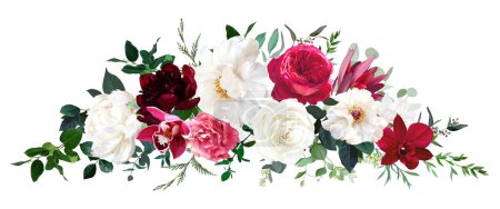 Téléchargez les illustrations : Bouquets magenta tendance bouquet vectoriel design. Roses roses chaudes, ranunculus rose barbie, pivoine blanche, orchidée sombre, hortensia, magnolia ivoire, œillet. Tous les éléments sont isolés et modifiables sur blanc. - en licence libre de droit