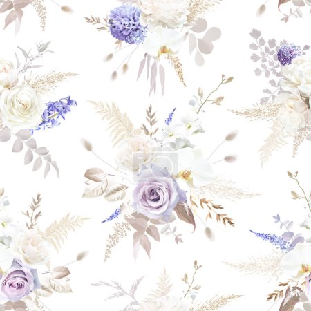 Illustration for Modern beige and violet trendy vector design seamless pattern. Pastel dried pampas grass, magnolia, white peony, lavender purple rose print. Wedding boho template. Elements are isolated and editable - Royalty Free Image