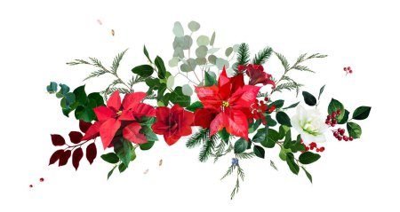 Emerald christmas greenery, red poinsettia, amaryllis, spruce, fir, cedar, winter berry vector design garland. Wedding or new year party invitation border. Watercolor style. Isolated and editable