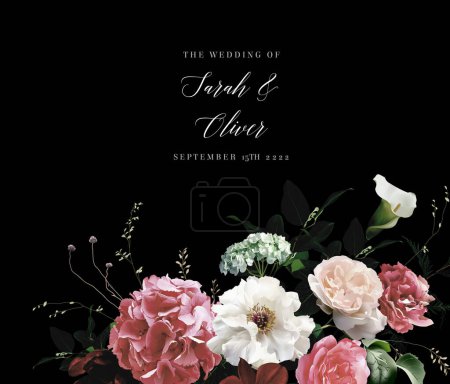 Illustration for Elegant fall dark frame, arranged leaves and flowers. Pink garden rose, white peony, hydrangea, ranunculus, calla lily, dried fern vector design. Masterpiece style. Autumn card. Isolated and editable - Royalty Free Image