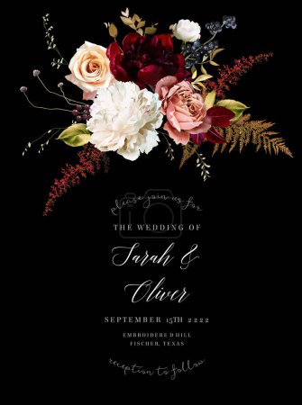 Illustration for Elegant fall dark frame, arranged leaves and flowers. Burnt orange garden rose, white peony, astilbe, ranunculus, berry, dried fern vector design. Masterpiece style. Autumn card. Isolated and editable - Royalty Free Image