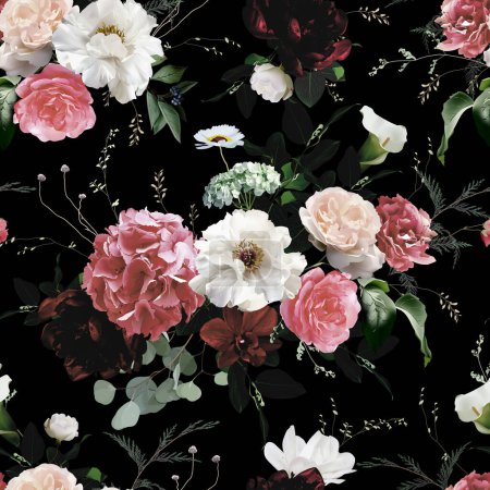 Illustration for Elegant fall dark pattern, arranged from autumn leaves and flowers. Pink garden rose, white peony, hydrangea, ranunculus, calla lily, orchid vector design. Masterpiece style. Isolated and editable - Royalty Free Image