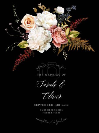 Illustration for Elegant fall dark frame, arranged leaves and flowers. Burnt orange garden rose, white peony, astilbe, ranunculus, berry, dried fern vector design. Masterpiece style. Autumn card. Isolated and editable - Royalty Free Image