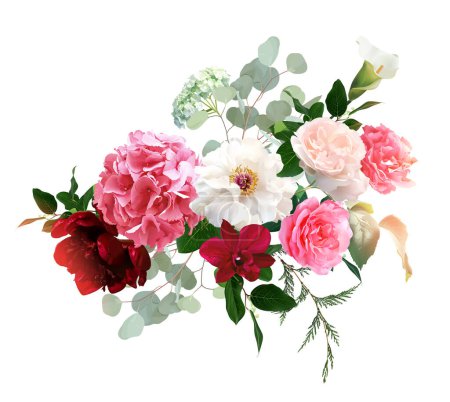 Téléchargez les photos : Bouquet design vectoriel de couleur magenta et barbie rose tendance. Rose rose rougissant, pivoine blanche, orchidée foncée, hortensia rose vif, eucalyptus vert menthe. Tous les éléments sont isolés et modifiables sur blanc. - en image libre de droit