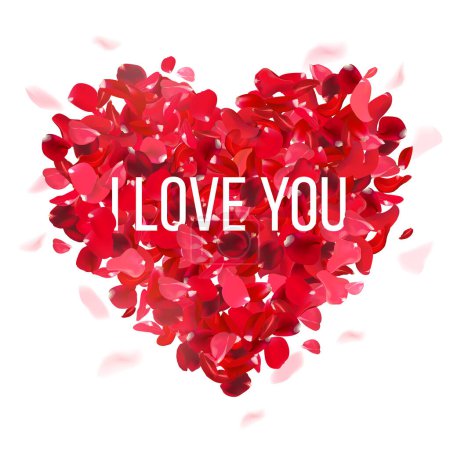 Téléchargez les photos : Coeur arrangé à partir de pétales de rose rouge sur une carte vectorielle romantique blanche. Coeur conception de célébration de mariage. Couronne d'amour. Fond élégant de la mode. Modèle de Saint-Valentin. Tous les éléments sont isolés - en image libre de droit
