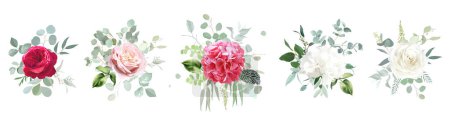 Téléchargez les photos : Magenta tendance et bouquets de design vectoriel de couleur rose barbie. Rose rose rougissante, rose blanche, hortensia rose vif et blanche, ranunculus, eucalyptus vert. Tous les éléments sont isolés et modifiables sur blanc - en image libre de droit