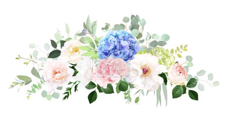 Téléchargez les photos : Fleurs d'hortensia bleues, roses, vertes, pivoine blanche, salal, vert émeraude et bouquet vecteur de mariage d'eucalyptus. Aquarelle pastel fleurie. Jardin fleuri rose. Les éléments sont isolés et modifiables - en image libre de droit
