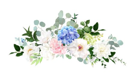 Téléchargez les photos : Fleurs d'hortensia bleues, roses, vertes, pivoine blanche, salal, vert émeraude et bouquet vecteur de mariage d'eucalyptus. Aquarelle pastel fleurie. Jardin fleuri dahlia. Les éléments sont isolés et modifiables - en image libre de droit