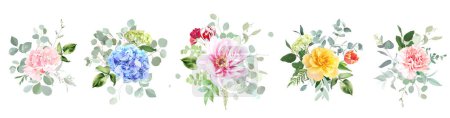 Téléchargez les photos : Fleurs d'hortensia lumineuses, roses, tulipes, pivoine, œillet, verdure et bouquets vectoriels d'eucalyptus de Pâques. Aquarelle pastel fleurie. Jardin fleuri. Fleurs de Pâques. Les éléments sont isolés et modifiables - en image libre de droit