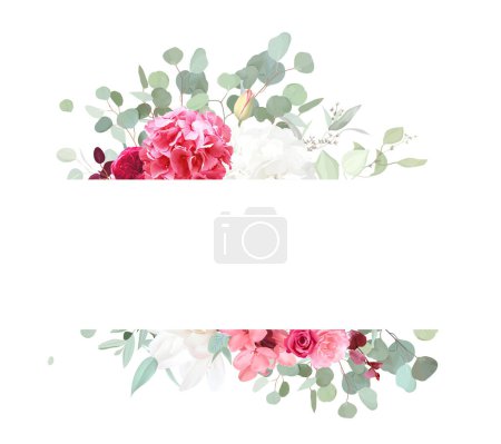 Téléchargez les photos : Magenta à la mode et barbie couleur rose vecteur conception cadre bannière. Rose rose, magnolia blanc, hortensia rose chaud, ranunculus, canna, eucalyptus vert menthe. Tous les éléments sont isolés et modifiables sur blanc - en image libre de droit