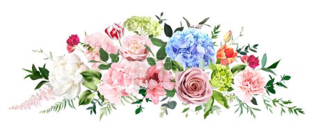 Téléchargez les photos : Fleurs d'hortensia lumineuses, roses, tulipes, pivoine, œillet, verdure et eucalyptus. Bouquet vectoriel de Pâques. Aquarelle pastel fleurie. Jardin fleuri. Fleurs de Pâques. Les éléments sont isolés et modifiables - en image libre de droit