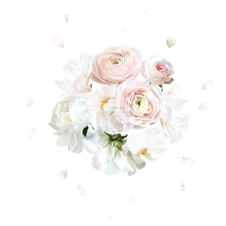 Téléchargez les photos : Rose rose poussiéreuse, ranunculus rougissant, magnolia blanc, bouquet de fleurs mono design vectoriel pivoine. Des pétales volants. Mariage floral. Summer blooms composition aquarelle. Tous les éléments sont isolés et modifiables - en image libre de droit