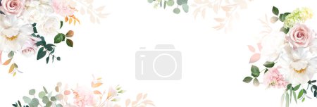 Téléchargez les photos : Rose rose clair, pivoine blanche, hortensia, blush ranunculus, eucalyptus, verdure, cadre vectoriel de fougère. Carte de fleurs de mariage saisonnier. Composition de bannière aquarelle florale. Isolé et modifiable - en image libre de droit