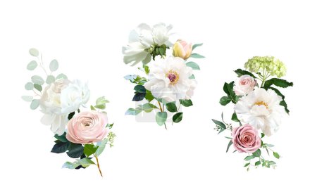 Téléchargez les photos : Rose rose classique, pivoine blanche, rose rougissant ranunculus, eucalyptus, hortensia verte, bouquets de printemps de conception vectorielle de verdure de sauge de mariage. Aquarelle d'été florale. Les éléments sont isolés et modifiables - en image libre de droit