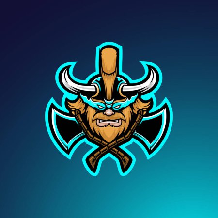 Illustration for Angry dwarf gaming esport emblem mascot logo. Barbarian with beard vector illustration. - Royalty Free Image